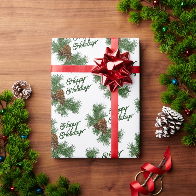 Papel De Regalo Pinecones clásicos estacionales Feliz deseo de vac (Regalo de vacaciones)