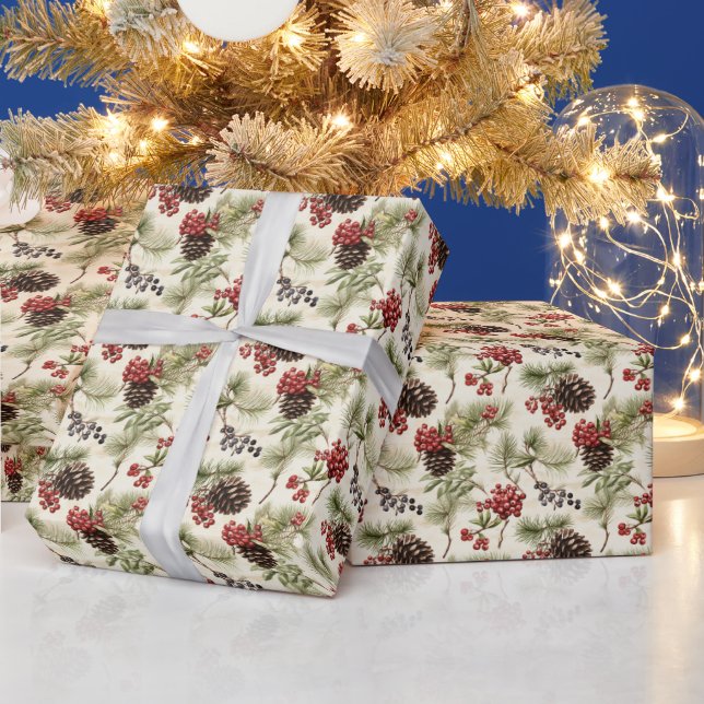 Papel De Regalo Pinecones de época festivos con azulejos (Vacaciones)