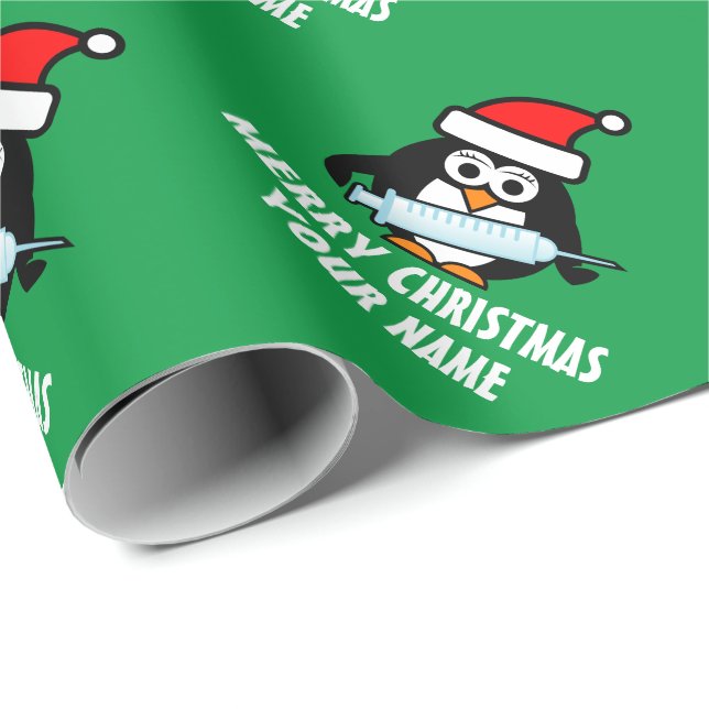 Papel De Regalo Pingüino de enfermera Santa con Navidades de jerin (Esquina del rollo)