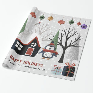 Papel De Regalo Pingüino de invierno, árboles y Navidades doméstic