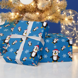 Papel De Regalo Pingüino de Navidad de invierno en fondo azul pers