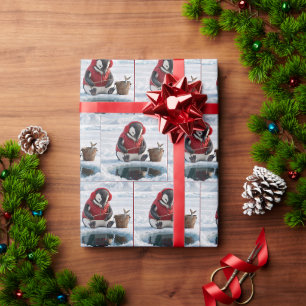 Papel De Regalo Pingüino de Navidad pescando en el hielo en un gla