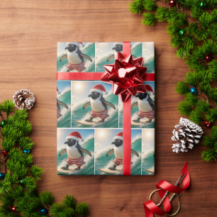Papel De Regalo Pingüino de Navidad surfeando en una ola del océan