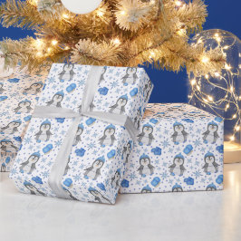 Papel De Regalo Pingüino de patinaje sobre hielo de Navidades azul