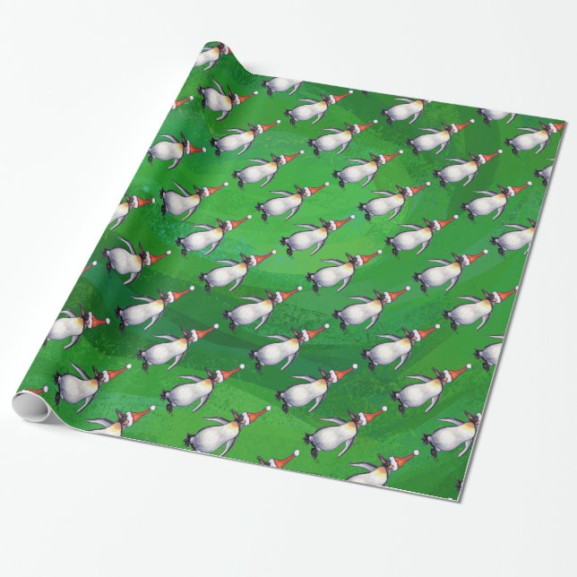 Papel De Regalo Pingüino en patrón de Sombrero de Santa sobre verd (Desenrollado)