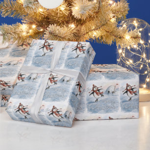 Papel De Regalo Pinguino Feliz Navidad sobre Patines de Hielo