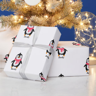 Papel De Regalo Pingüino lindo en franja roja