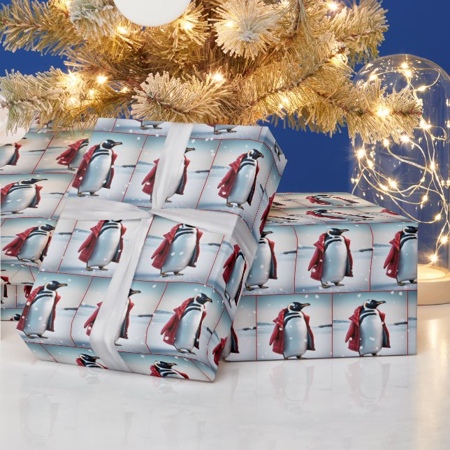 Papel De Regalo Pingüino navidad Con Abrigo Rojo (Vacaciones)