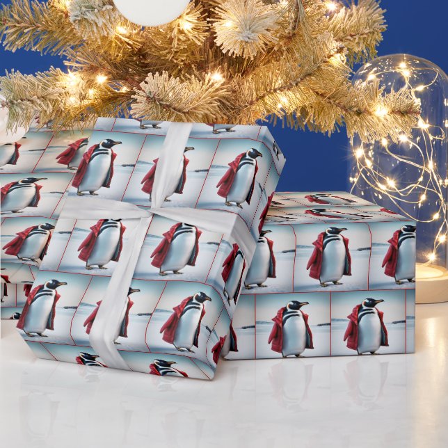 Papel De Regalo Pingüino navidad Con Abrigo Rojo (Vacaciones)