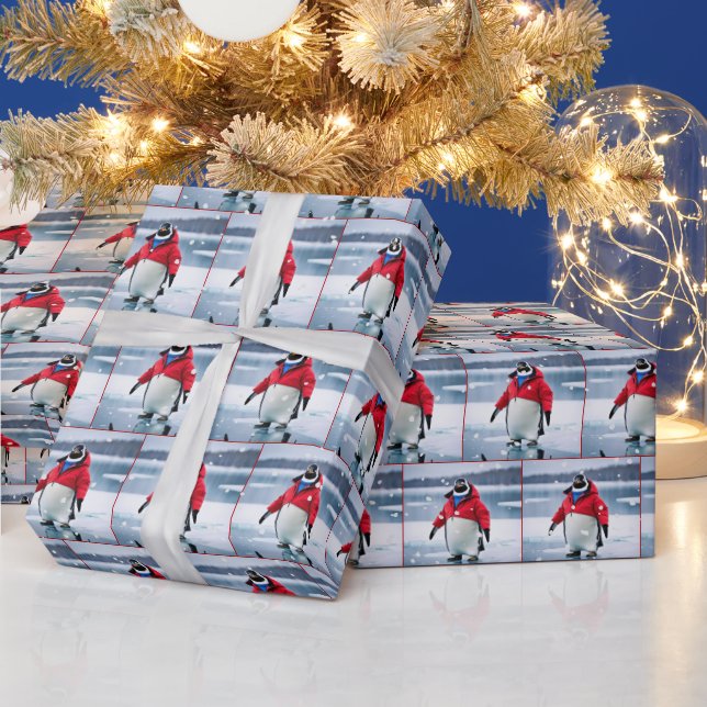 Papel De Regalo Pingüino navidad con Abrigo Rojo y Copos de Nieve (Vacaciones)