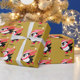 Papel De Regalo Pingüino navidad en Gorra y bufanda en patines
