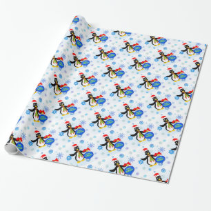 Papel De Regalo Pingüino navidad y copos de nieve
