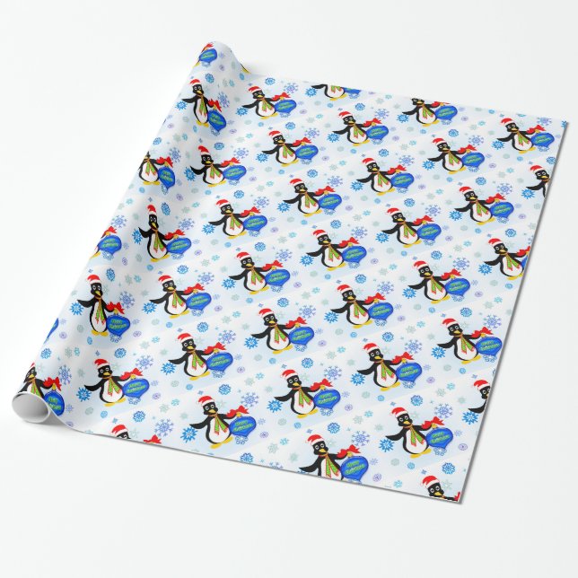 Papel De Regalo Pingüino navidad y copos de nieve (Desenrollado)
