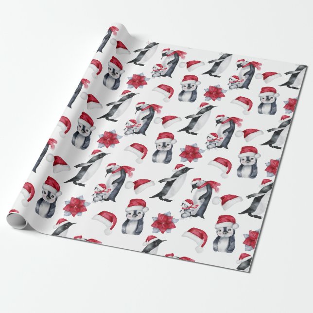 Papel De Regalo Pingüino Navidades de acuarela festiva (Desenrollado)