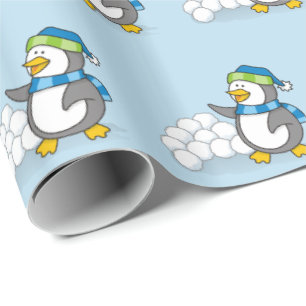 Papel De Regalo Pingüino pequeño con bolas de nieve agarrando el p