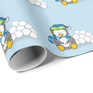 Papel De Regalo Pingüino pequeño sentado con bolas de nieve envolv