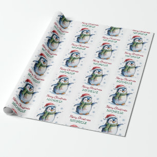 Papel De Regalo Pingüino personalizado en Navidades de Santa Hat