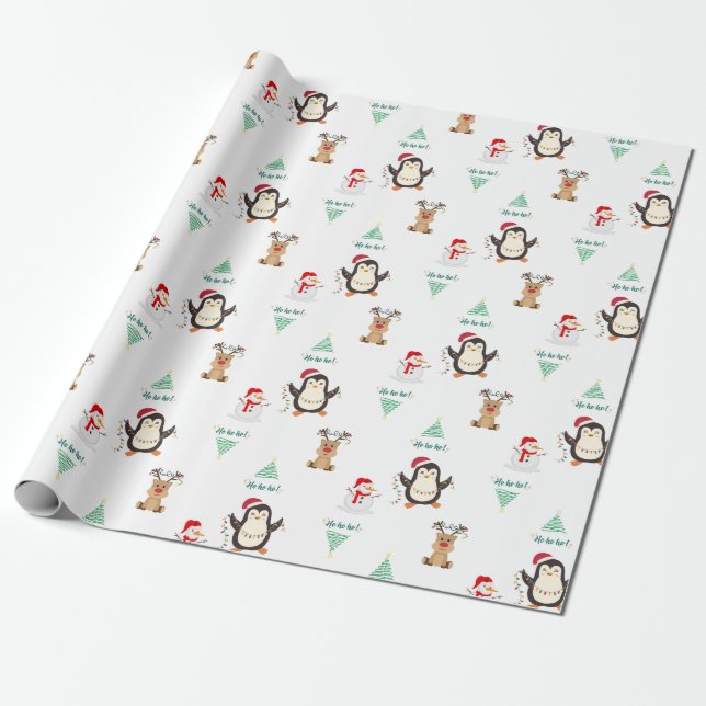 Papel De Regalo Pingüino, reno, nieve, Navidades de amigos festivo (Desenrollado)