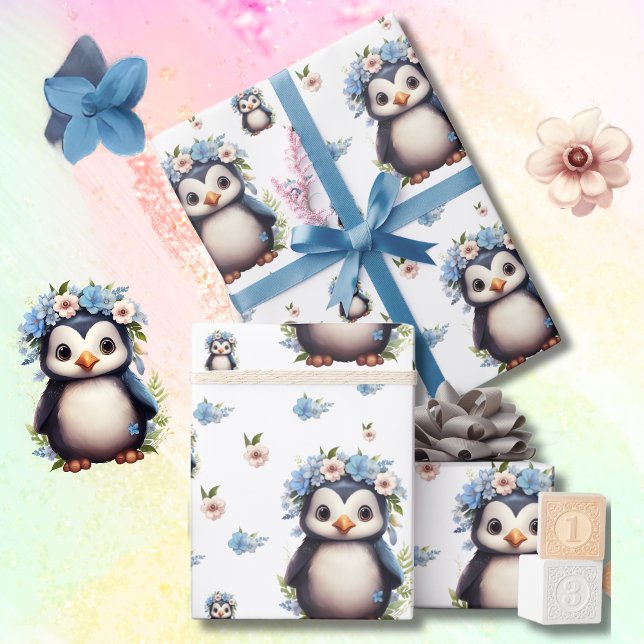 Papel De Regalo Pingüinos acuáticos de primavera con flores en bla (Penguin pattern wrapping paper, bilingual editable text, Spanish, Multilingual project)