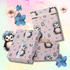 Papel De Regalo Pingüinos acuáticos de primavera con flores en ros