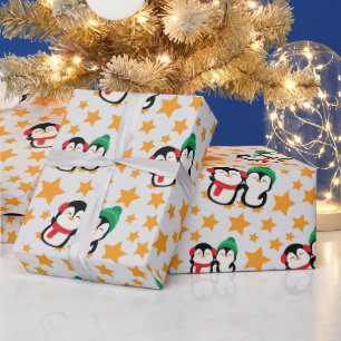 Papel De Regalo Pingüinos Adorables y Estrellas Amarillas Festivid