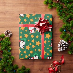 Papel De Regalo Pingüinos adorables y un regalo verde para los Nav