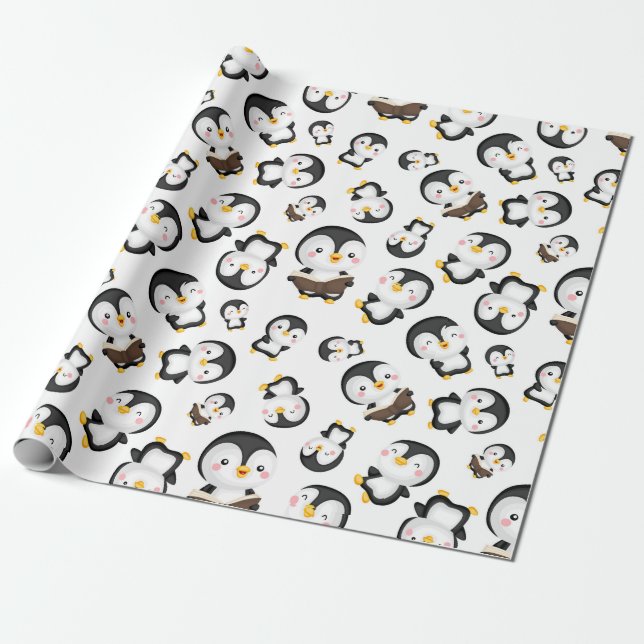Papel De Regalo Pingüinos alegres en blanco (Desenrollado)