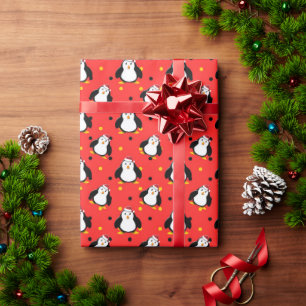 Papel De Regalo Pingüinos con ánimo de navidad en rojo