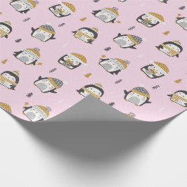 Papel De Regalo Pingüinos cortos con árboles, nieve y regalos en r
