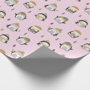 Papel De Regalo Pingüinos cortos con árboles, nieve y regalos en r