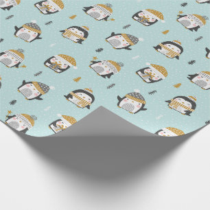 Papel De Regalo Pingüinos cortos con árboles pequeños en azul clar