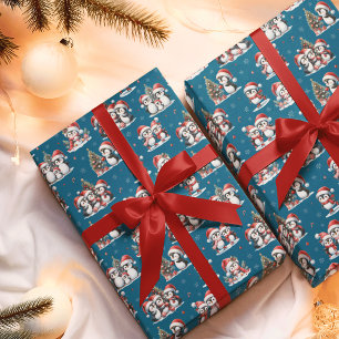 Papel De Regalo Pingüinos cortos en Gorras rojos Navidades azules