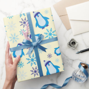 Papel De Regalo Pingüinos cortos y copos de nieve azules amarillos