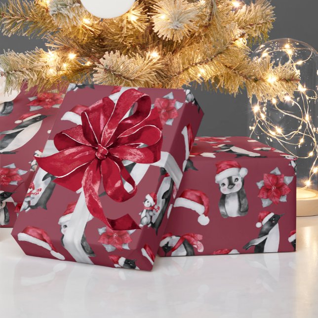 Papel De Regalo Pingüinos Cuidados En Gorras Navidades Rojo (Subido por el creador)