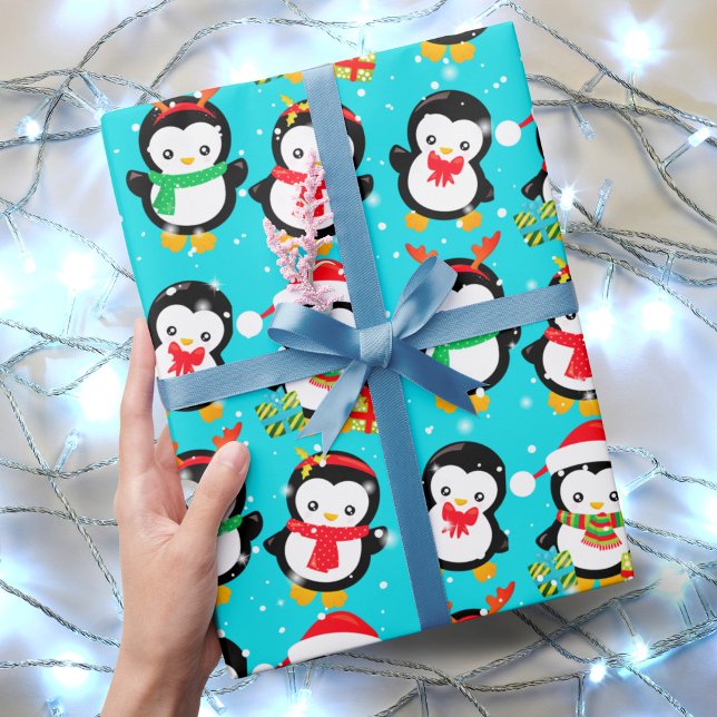 Papel De Regalo Pingüinos cutáneos en caída de nieve en el maravil (Subido por el creador)