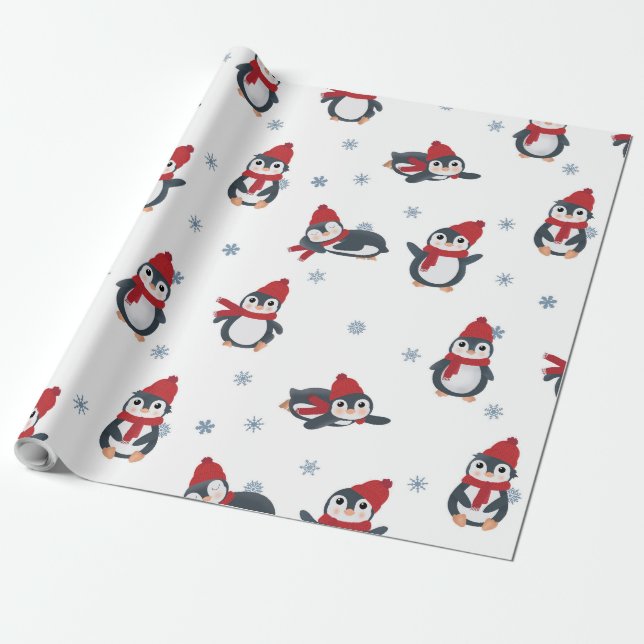 Papel De Regalo Pingüinos Cutos Aves de Invierno Animales Árticos (Desenrollado)