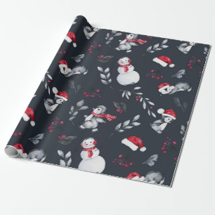 Papel De Regalo Pingüinos de vacaciones rojas y blancas y carbón