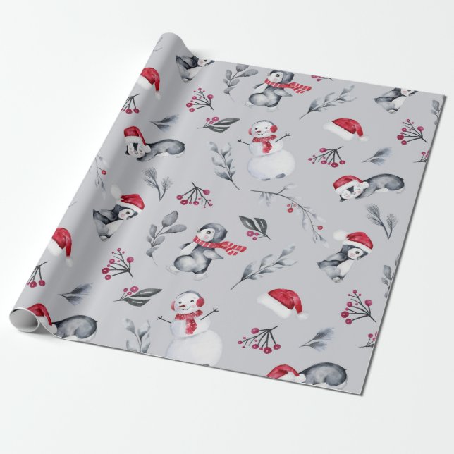 Papel De Regalo Pingüinos de vacaciones rojas y blancas y plata de (Desenrollado)