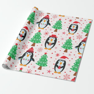 Papel De Regalo Pingüinos divertidos de Navidad con árboles de fie