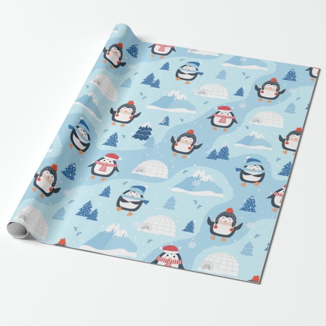 Papel De Regalo Pingüinos e Igloos navidades (Desenrollado)