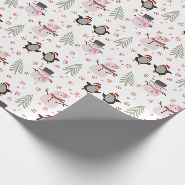 Papel De Regalo Pingüinos, hombres de nieve y árboles de Navidad (Esquina)