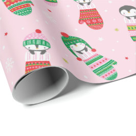 Papel De Regalo Pingüinos Navidades cortos en mitones rosa claro