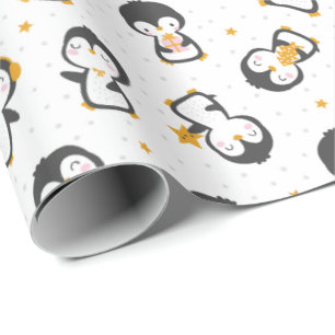 Papel De Regalo Pingüinos navidades cortos sobre blanco