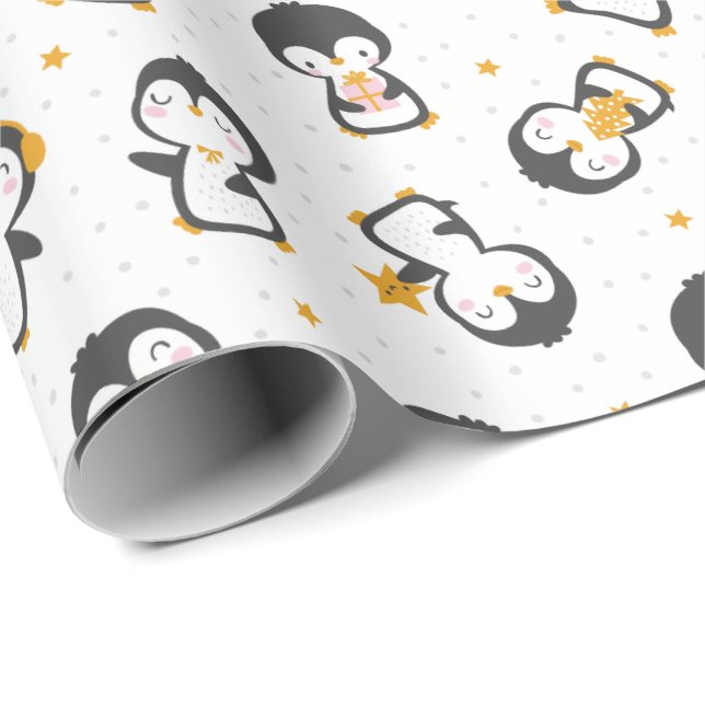 Papel De Regalo Pingüinos navidades cortos sobre blanco (Esquina del rollo)