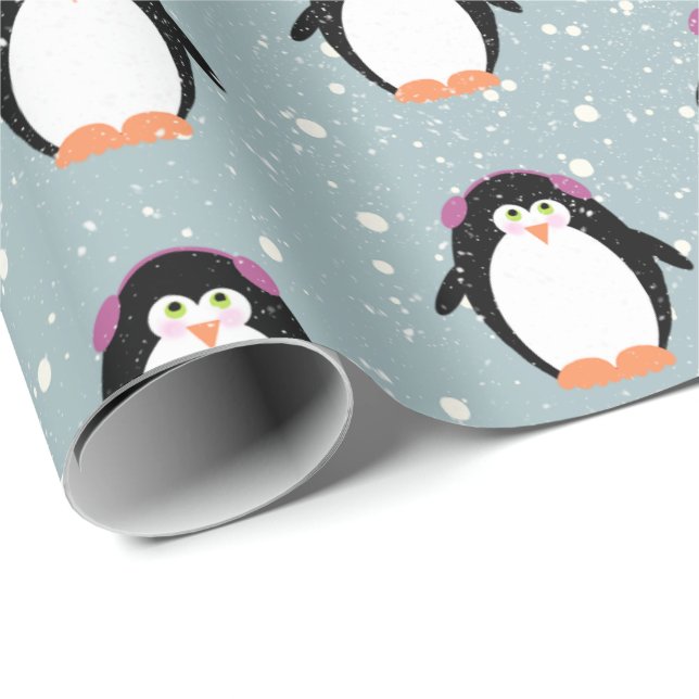Papel De Regalo Pingüinos navidades en copos de nieve (Esquina del rollo)