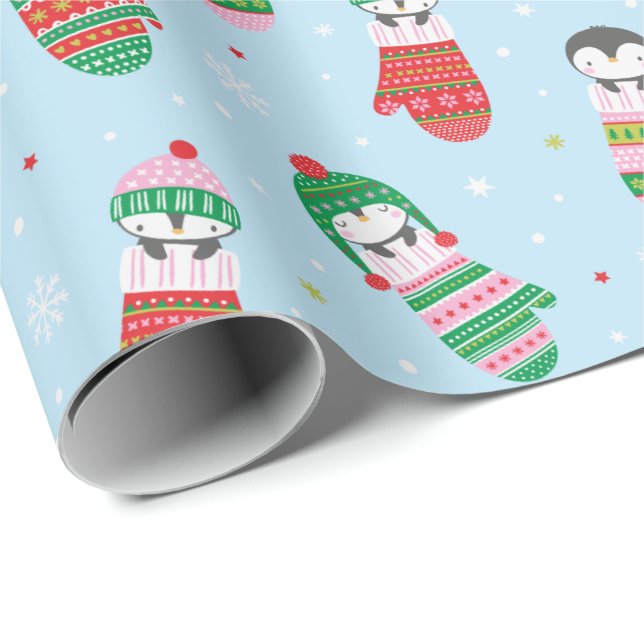 Papel De Regalo Pingüinos Navidades en mitones azul claro (Esquina del rollo)