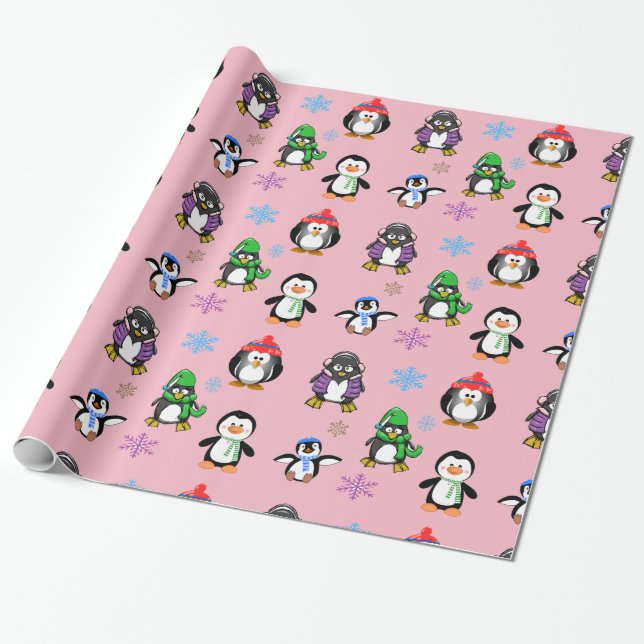 Papel De Regalo Pingüinos navidades y copos de nieve envueltos (Desenrollado)