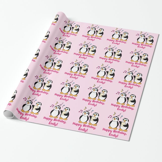 Papel De Regalo Pingüinos que cantan personalizable del nombre del (Desenrollado)