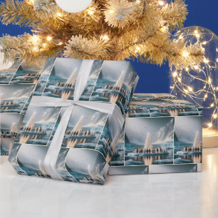 Papel De Regalo Pingüinos reunidos alrededor de un árbol blanco de