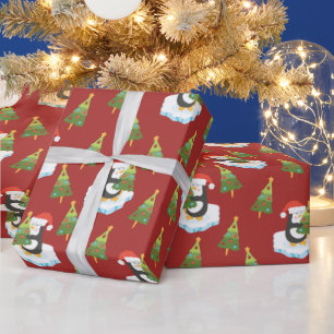 Papel De Regalo Pingüinos y árboles de Navidad